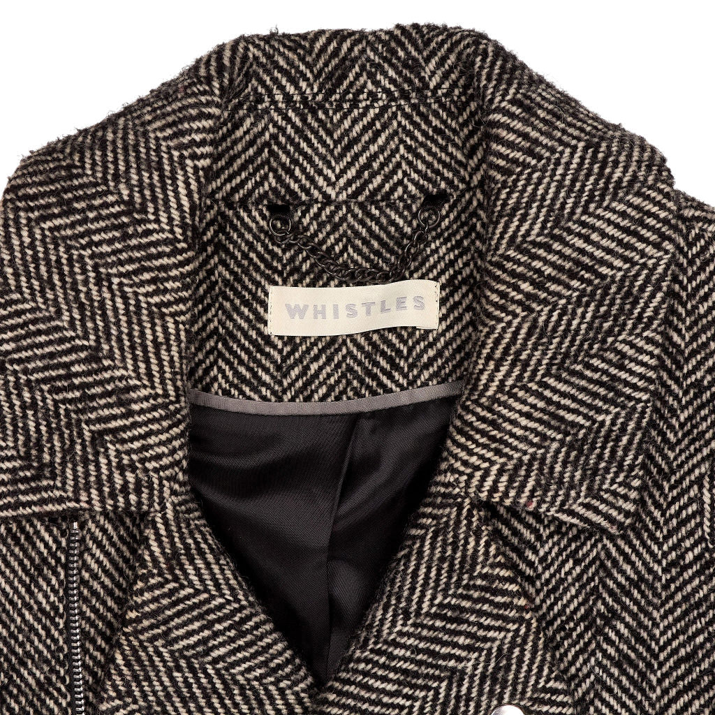 Whistles Black Herringbone Wool Coat