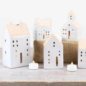 House-shaped White Stoneware T-Light Holders