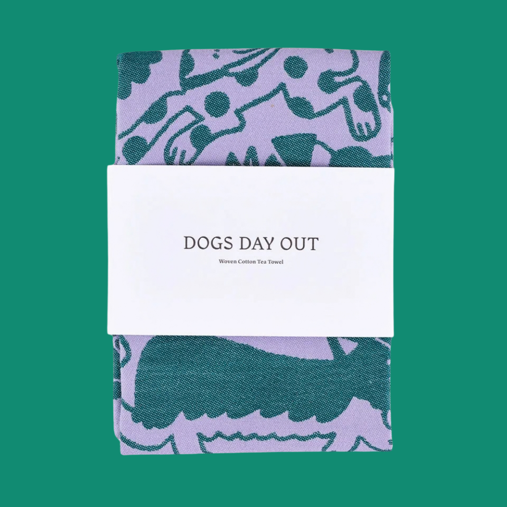 Dogs Day Out Lilac/Green Cotton Tea Towel