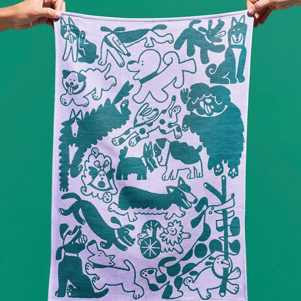 Dogs Day Out Lilac/Green Cotton Tea Towel