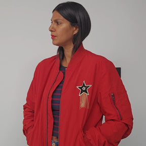 Green Ancestors Red Embellished Bomber Jacket