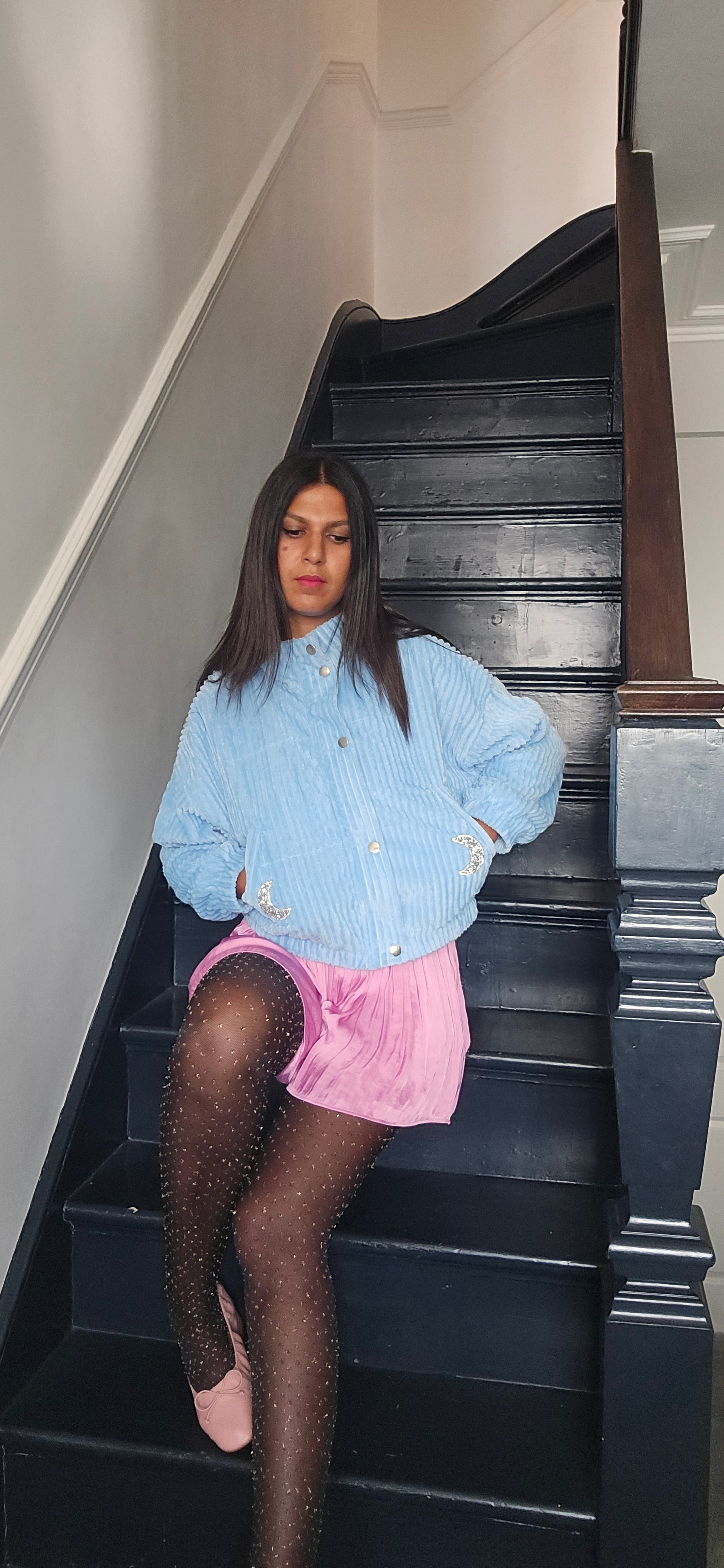 Green Ancestors Blue Velour Embellished Crop Jacket