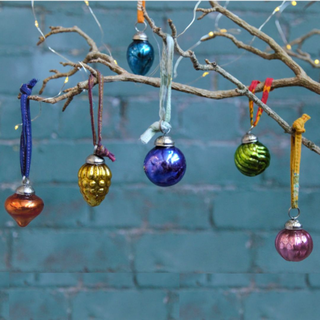 Set Of 6 Coloured Recycled Glass Baubles