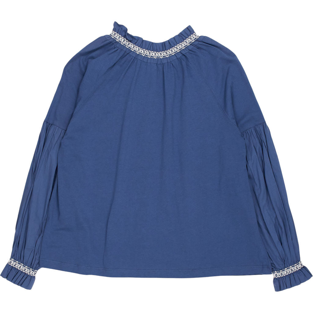 NRBY Blue Cotton Blouse with Embroidered Trim