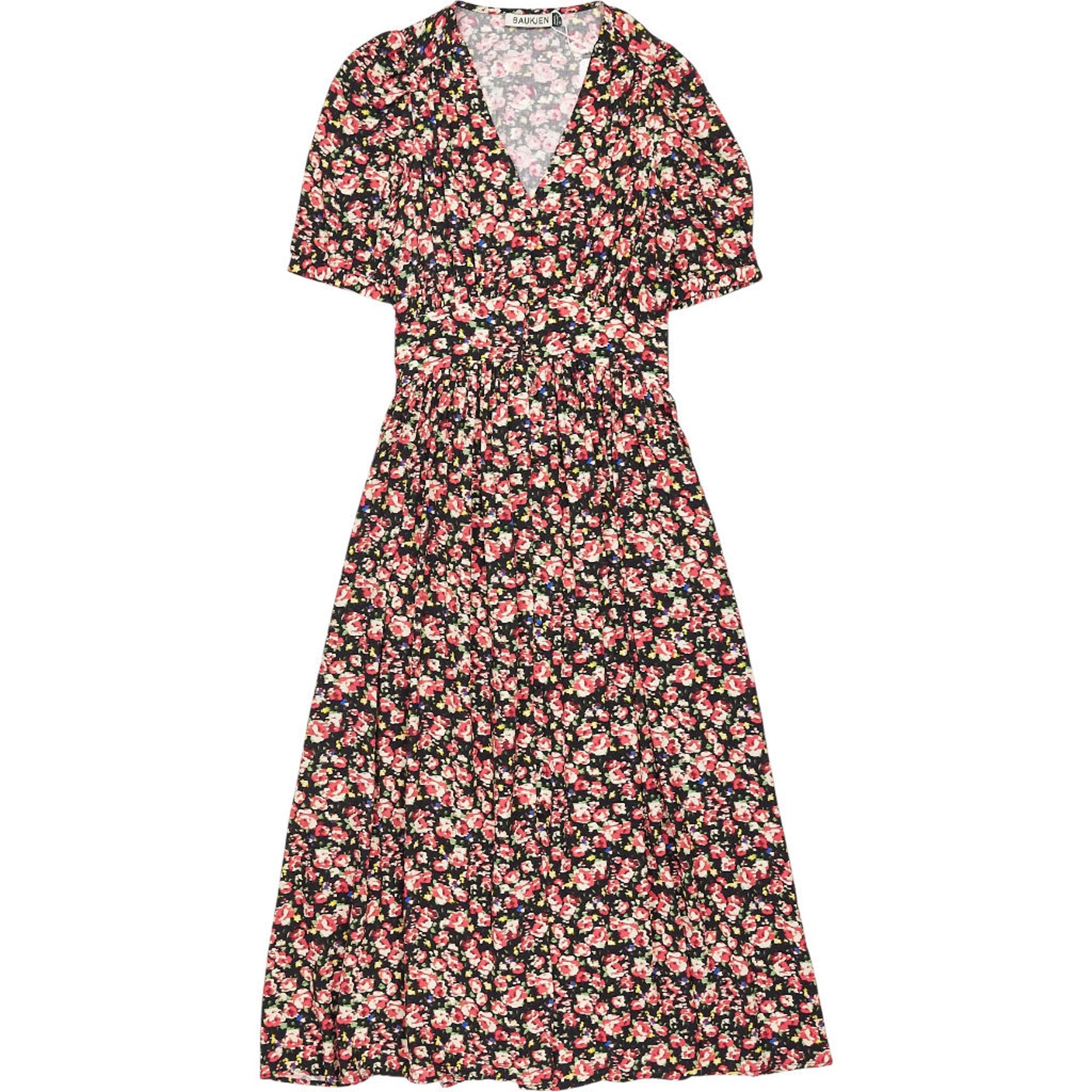 Baukjen Black Rose V-Neck Waisted Midi Dress