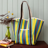 Recycled woven tote bag with canvas handles - brown, yellow, teal