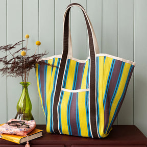 Recycled woven tote bag with canvas handles - brown, yellow, teal