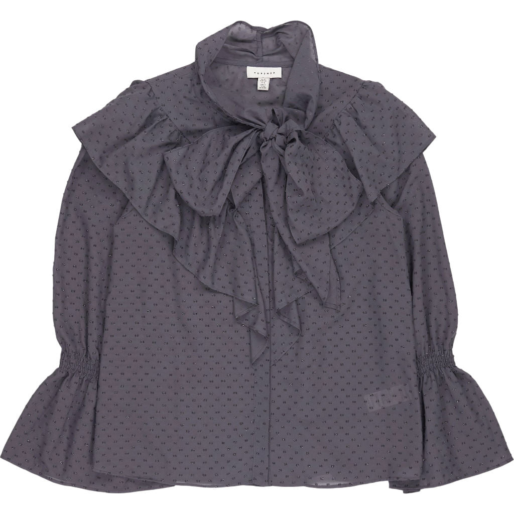 Topshop Grey Polka Dot Ruffle Blouse