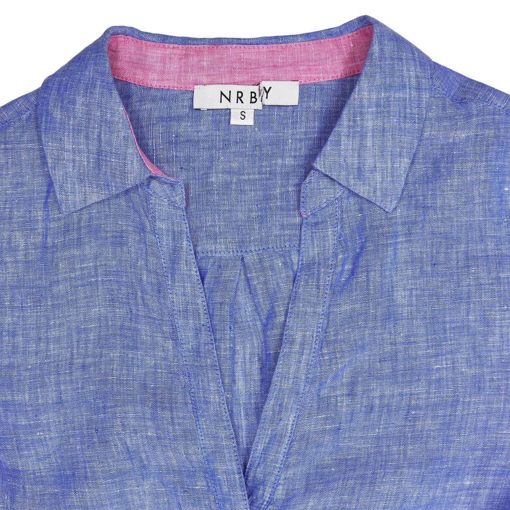 NRBY Blue Linen Pink Collar Blouse