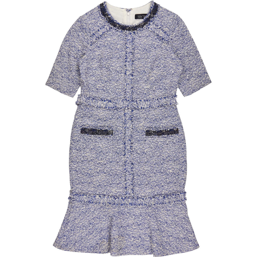 Teri Jon Blue Tweed Dress with Beaded Trim
