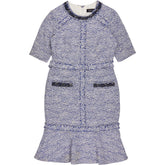 Teri Jon Blue Tweed Dress with Beaded Trim