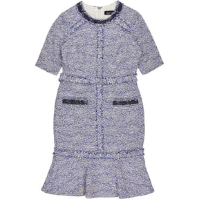 Teri Jon Blue Tweed Dress with Beaded Trim