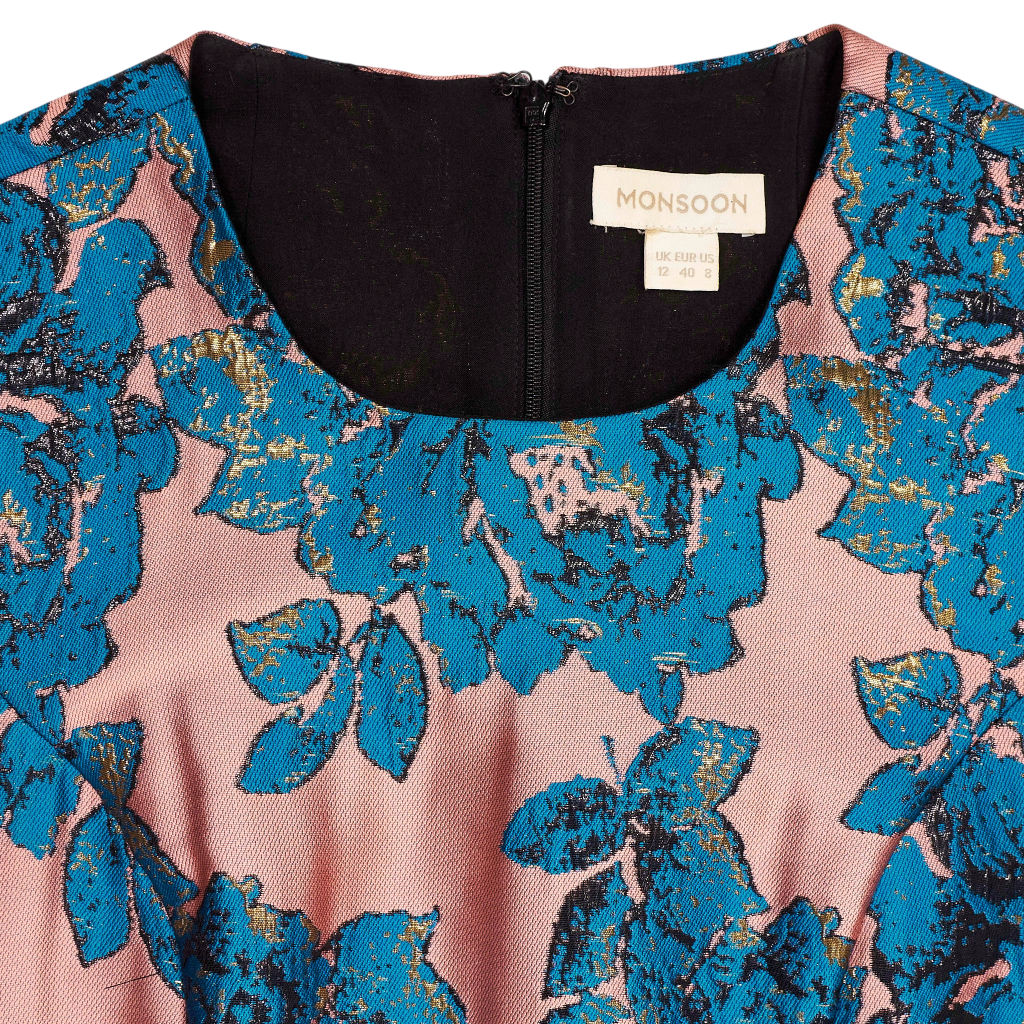 Monsoon Pink Blue Jacquard Floral Occasion Dress