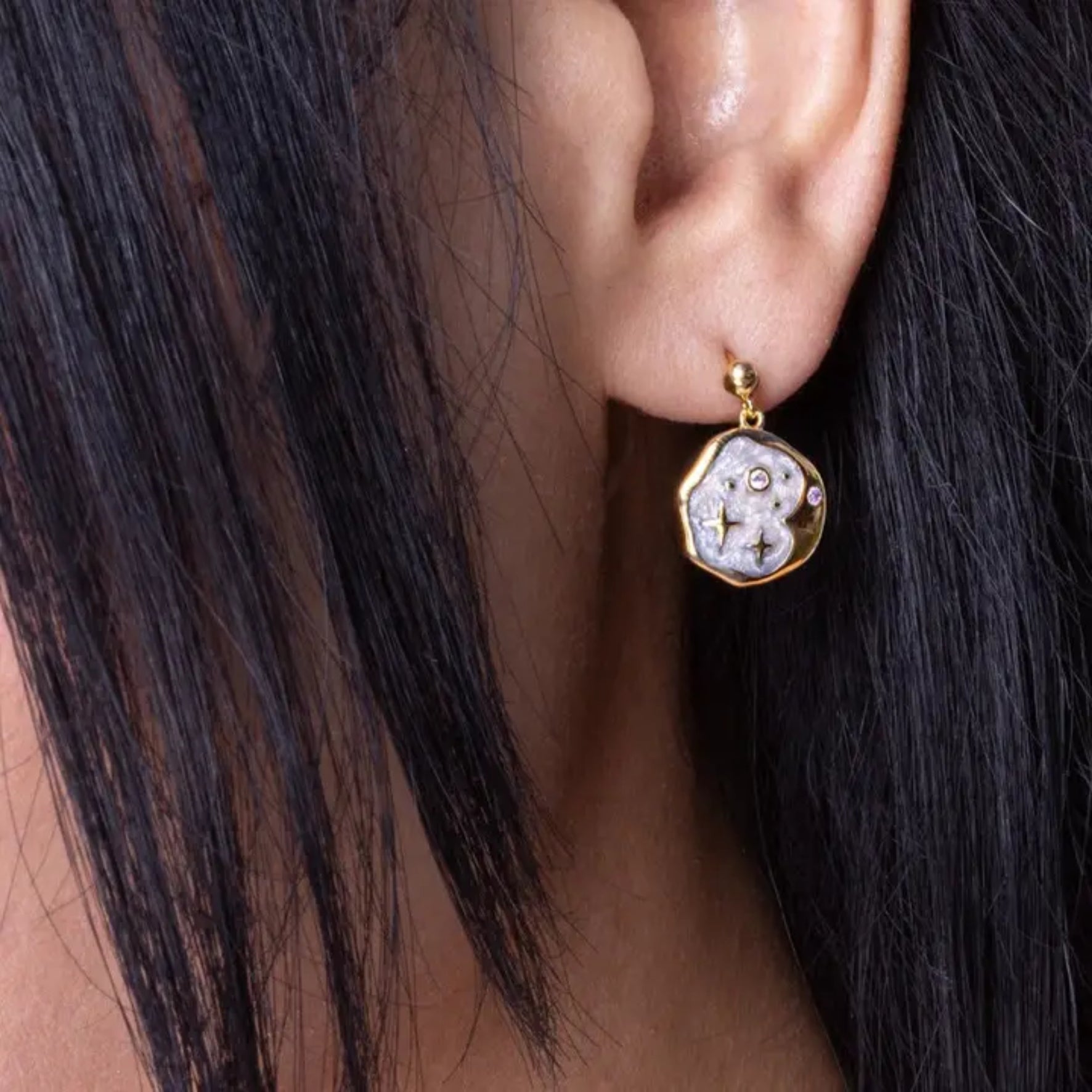 Pink Opal and Pearl Enamel Starry Night Earrings - 2 colours