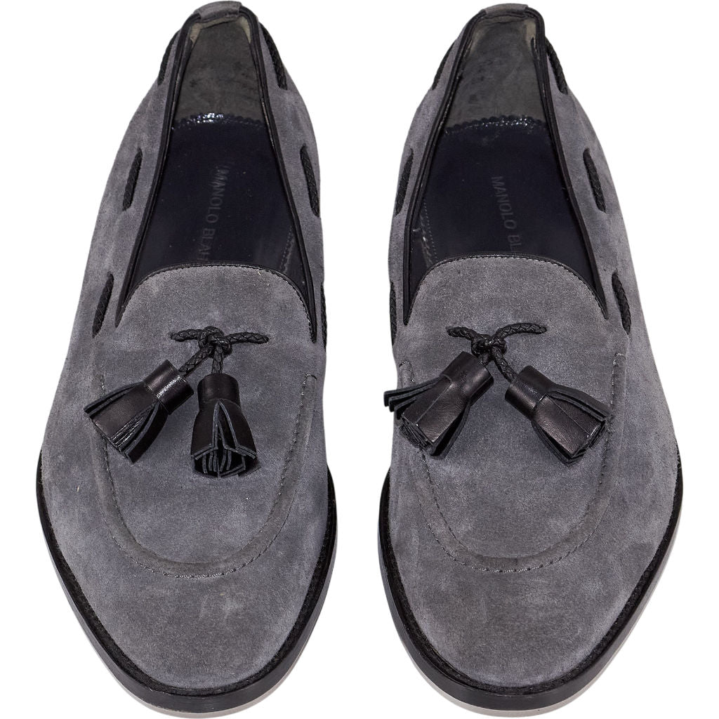 Manolo Blahnik Grey Suede Tassel Loafers