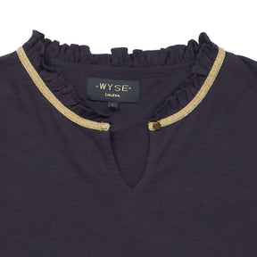 Wyse London Navy Ruffle Neck Top
