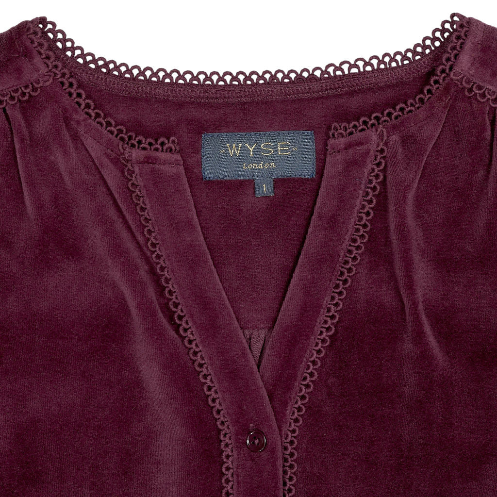 Wyse Burgundy Purple Lace Trim Blouse
