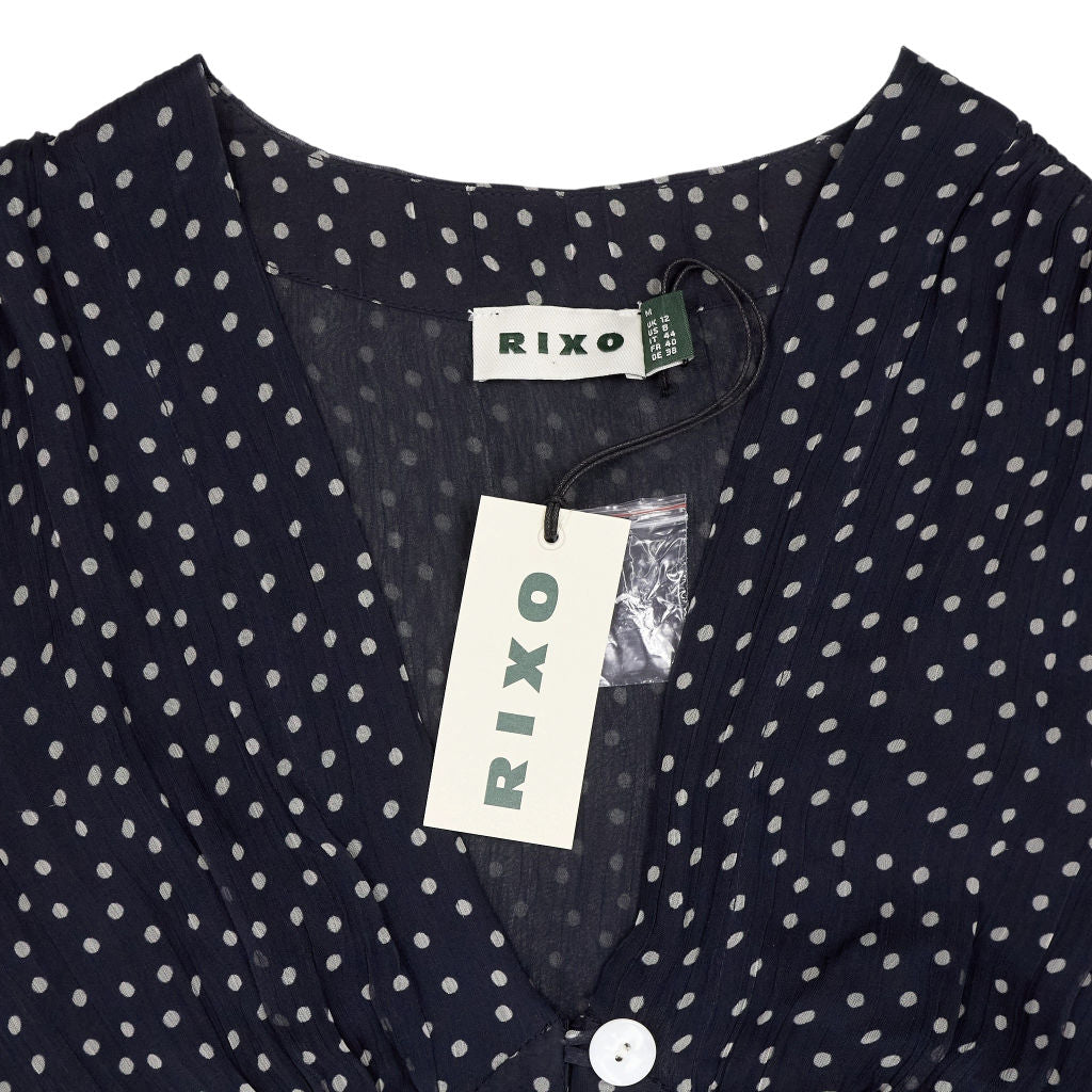 Rixo Navy Polka Dot Midi Dress