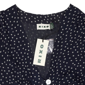 Rixo Navy Polka Dot Midi Dress