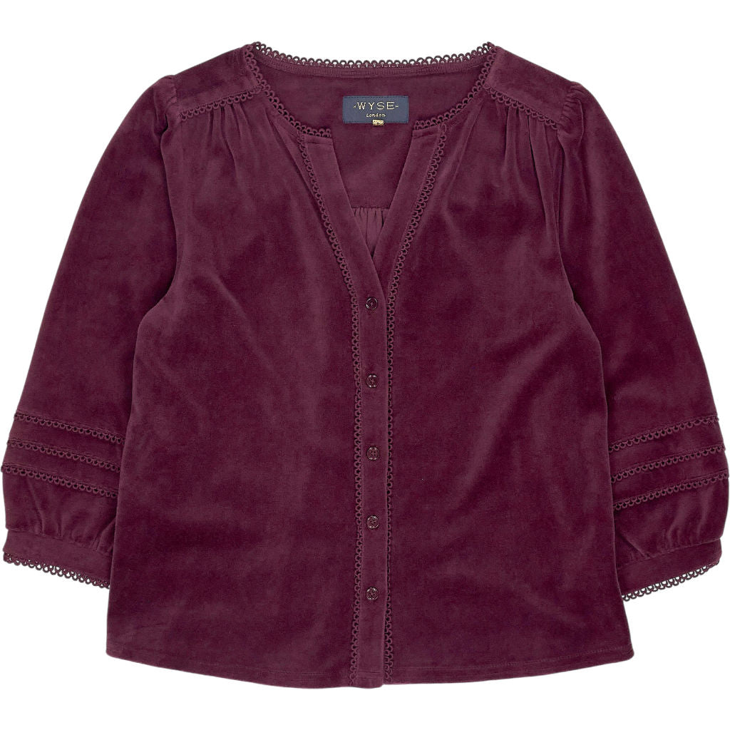 Wyse Burgundy Purple Lace Trim Blouse