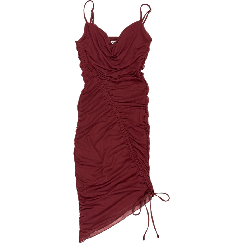 Oh Polly Wine Asymmetric Ruched Dress