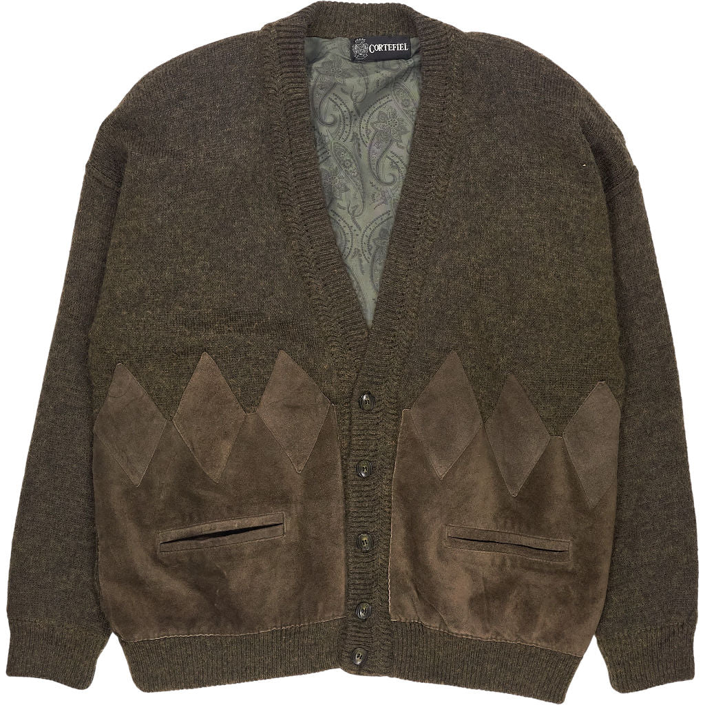 Vintage Cortefiel Brown Wool Cardigan with Suede Panel
