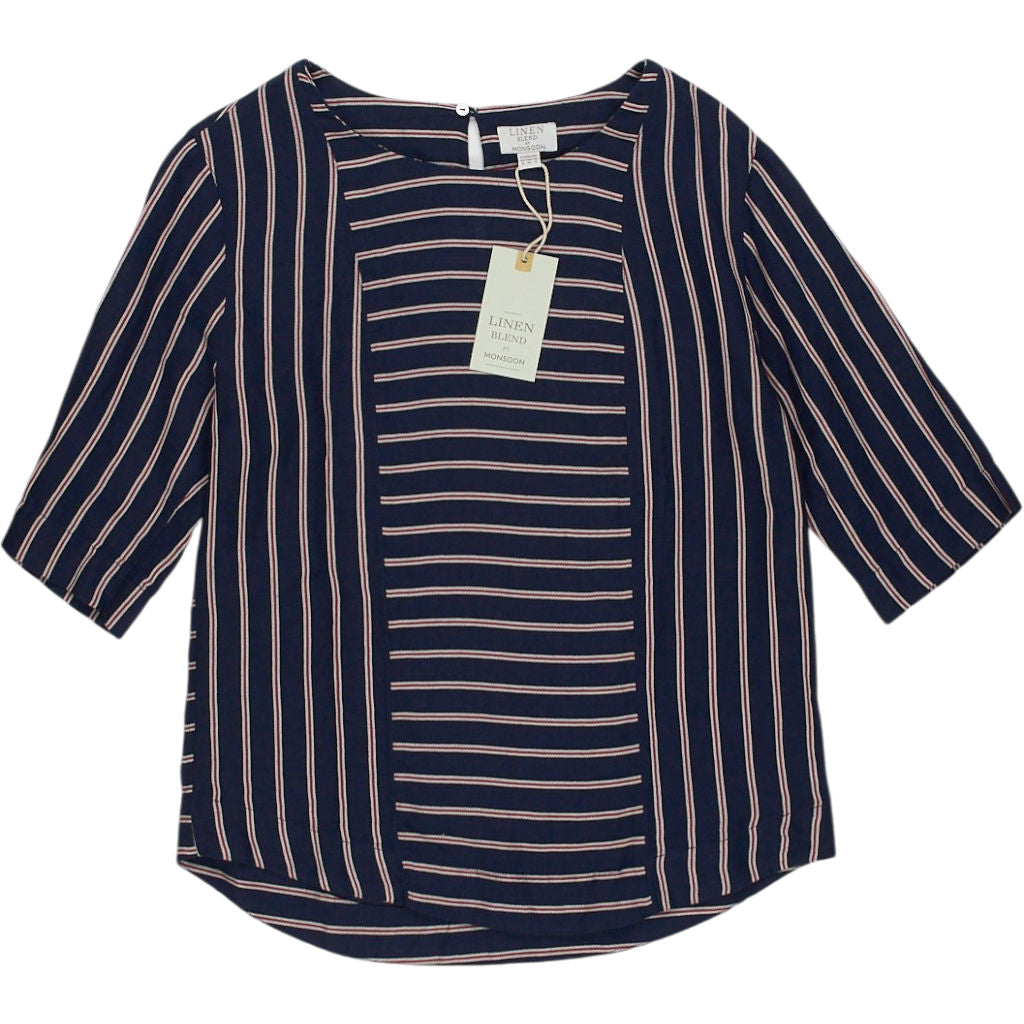 Monsoon Navy Linen Blend Striped Top