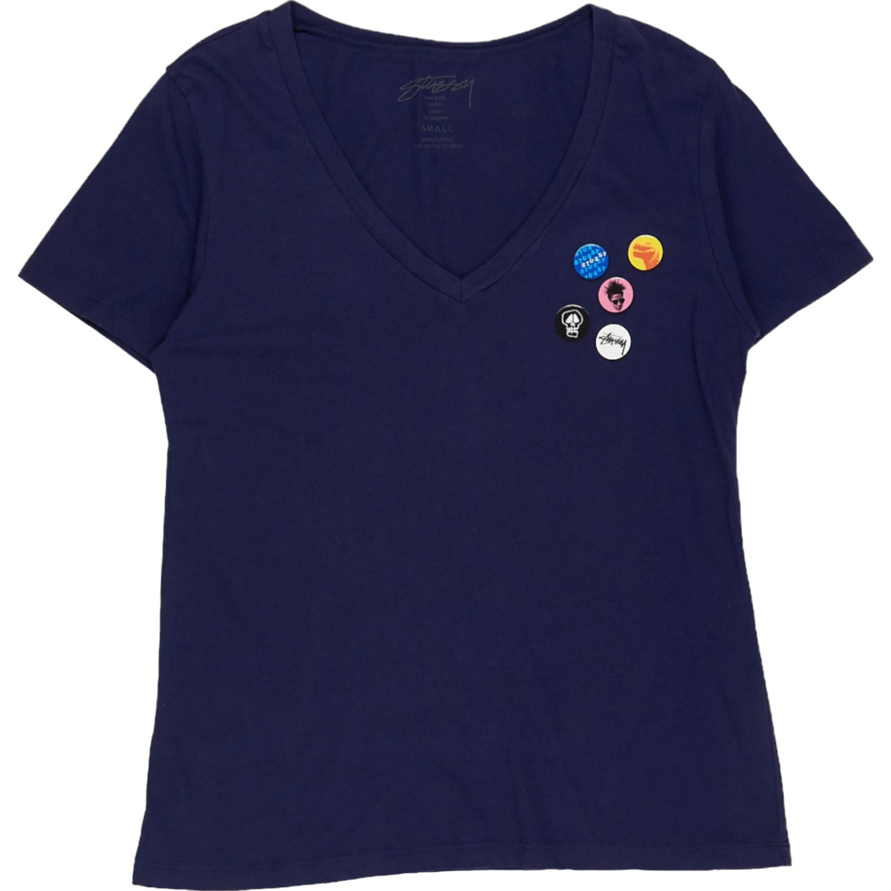 Stussy Navy V-Neck T-Shirt with Badges