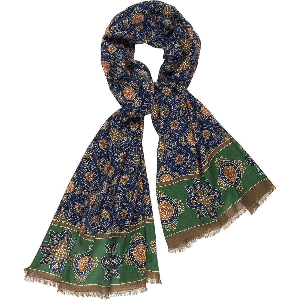 Drakes Navy Green Medallion Print Scarf