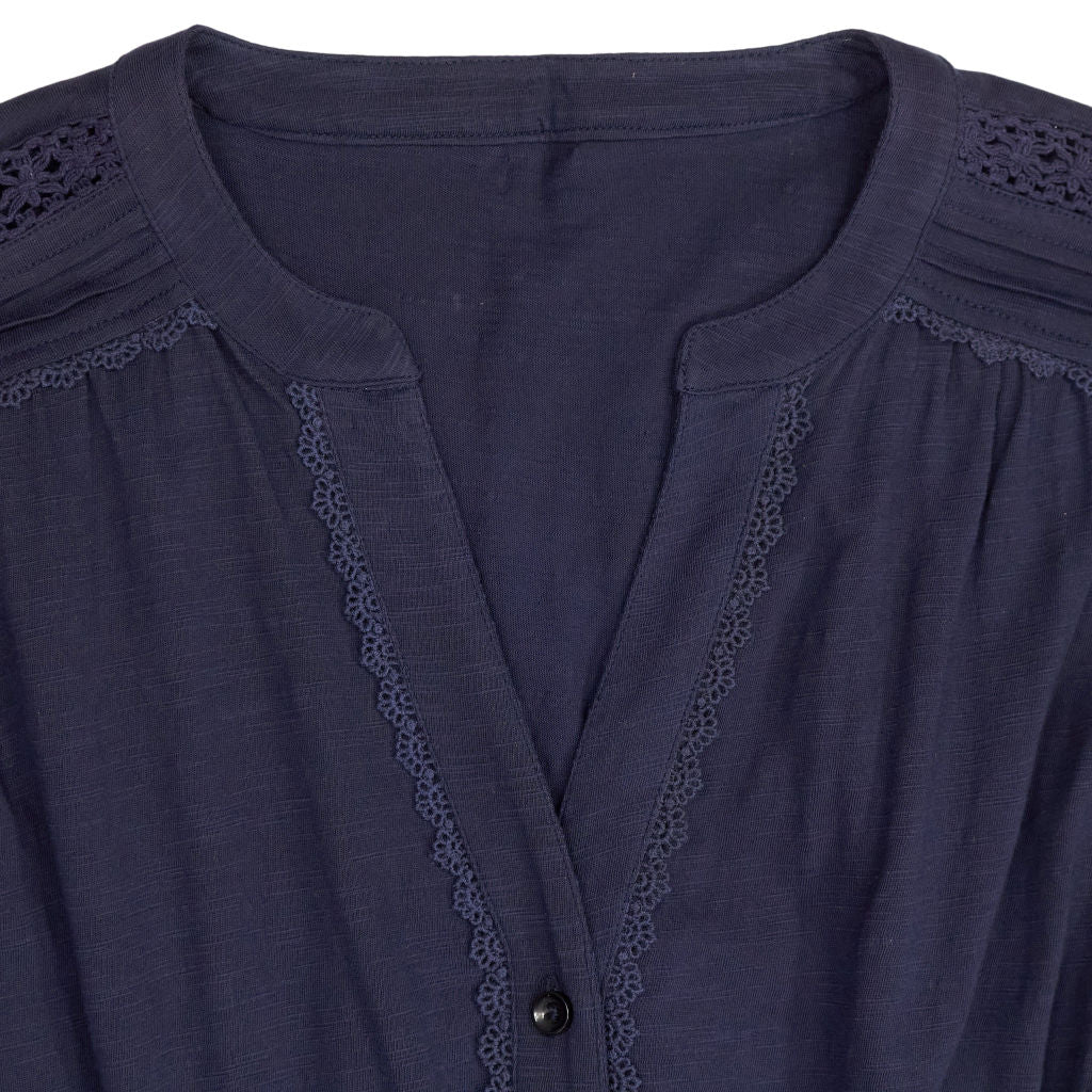 WYSE Navy Button-Up Midi Dress with Lace