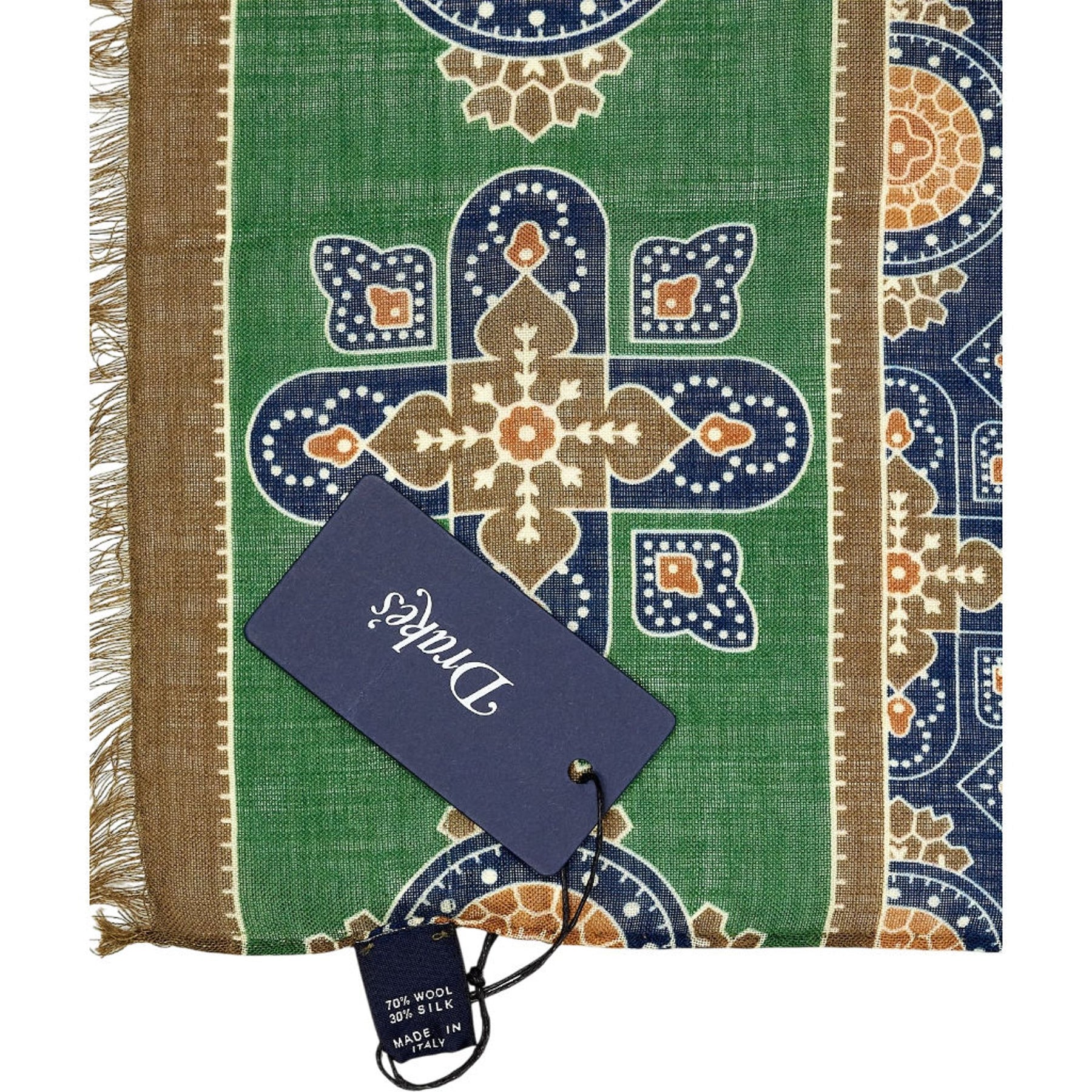 Drakes Navy Green Medallion Print Scarf