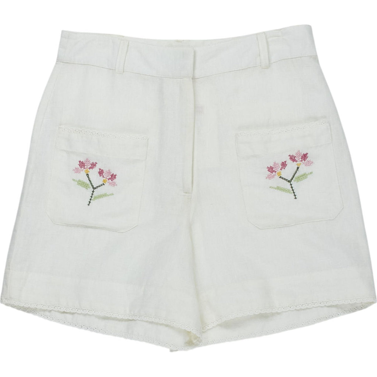 WYSE White Cotton Linen Embroidered Shorts