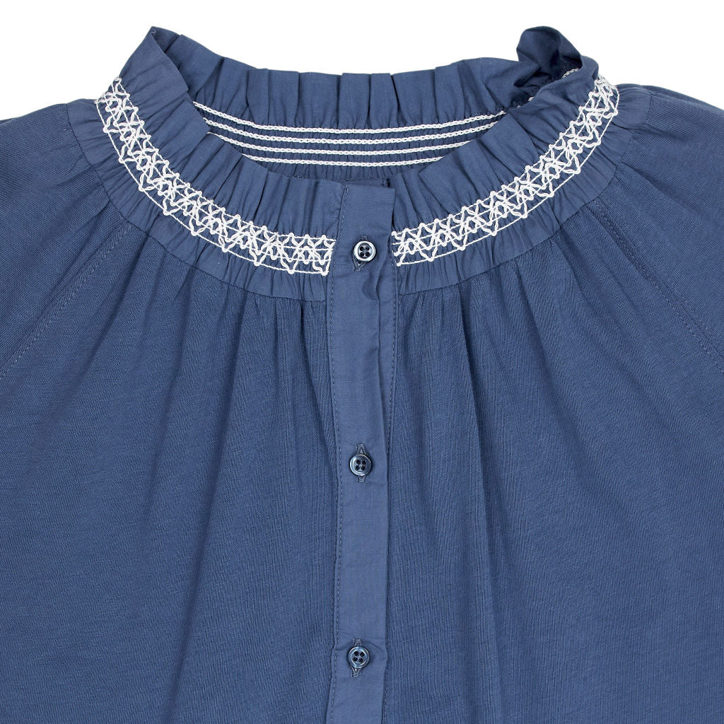 NRBY Blue Cotton Blouse with Embroidered Trim