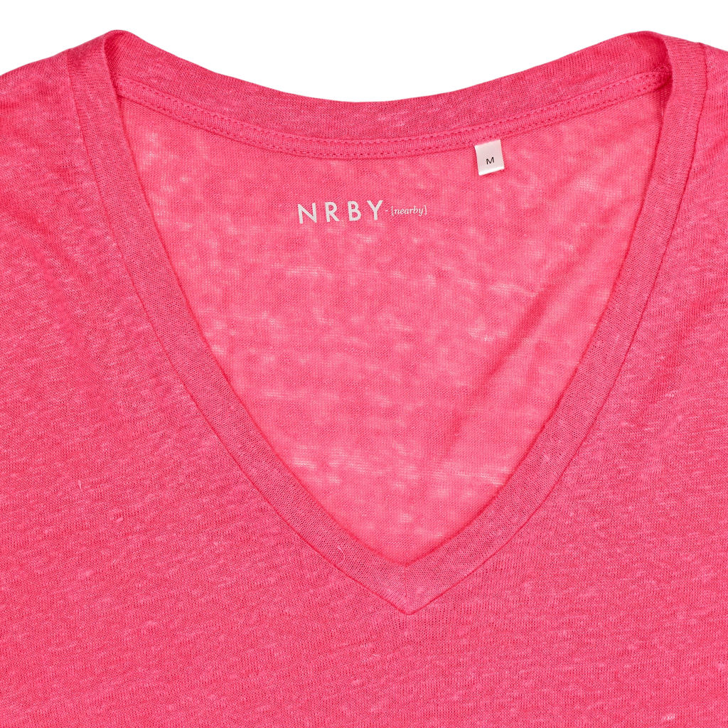 NRBY Pink Linen Slub V-Neck T-Shirt