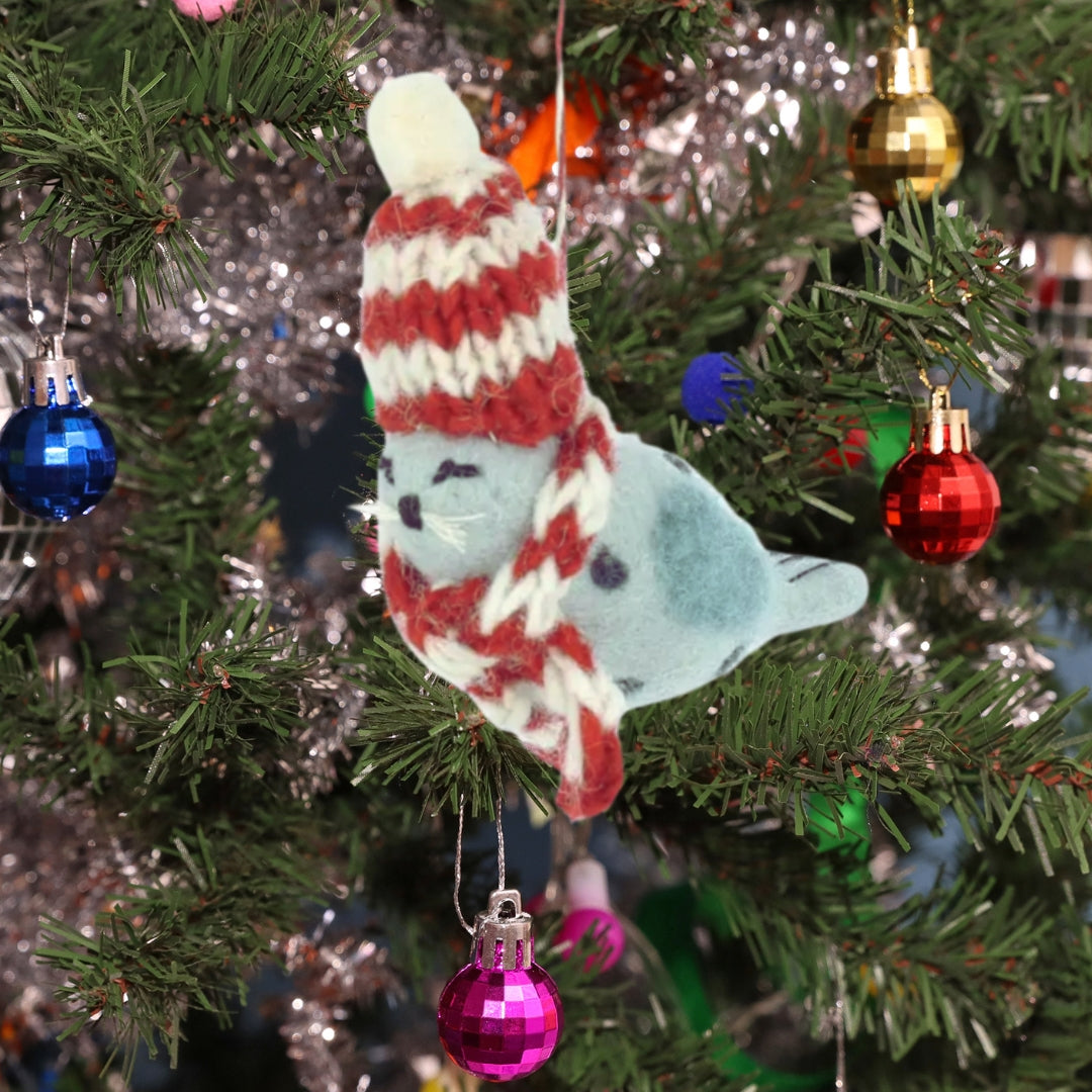 Felted Seal with hat and scarf Christmas Decoration