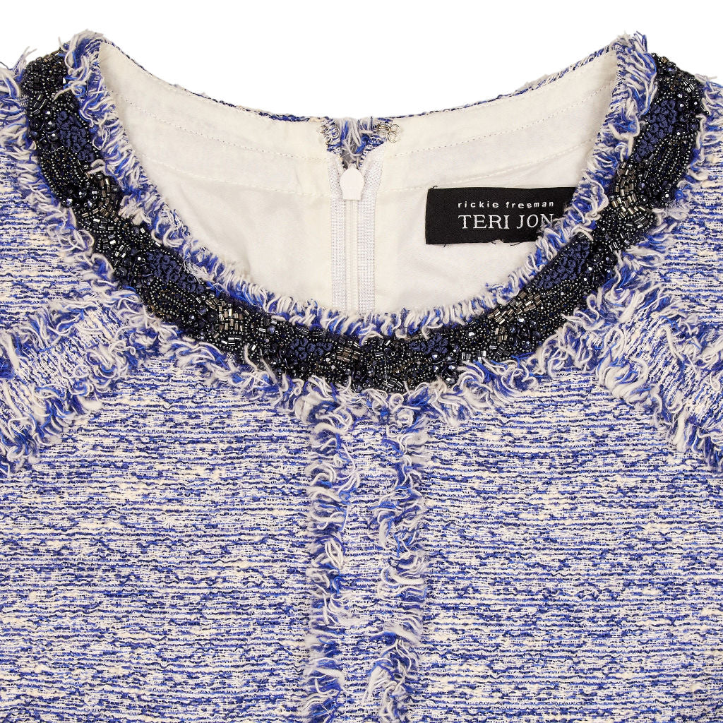 Teri Jon Blue Tweed Dress with Beaded Trim