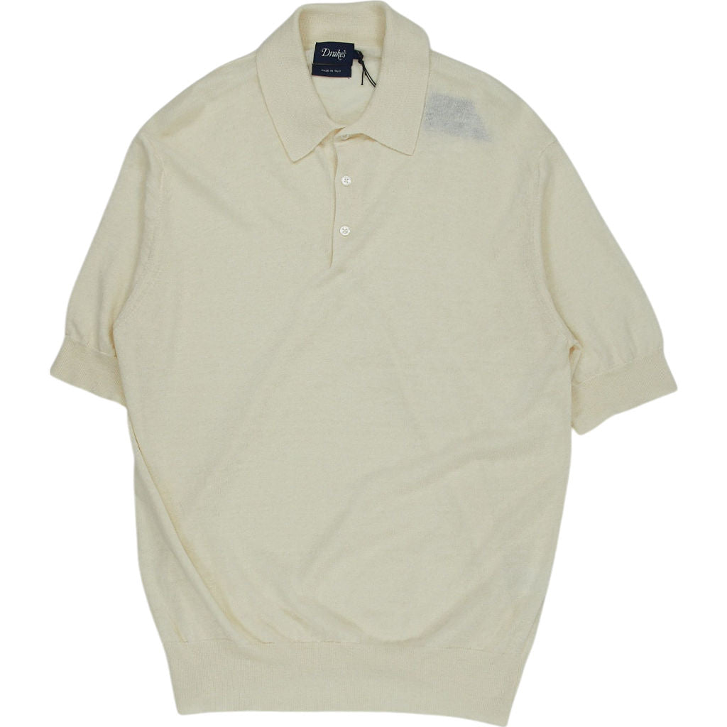 Drake's Cream Linen Cotton Polo Shirt M