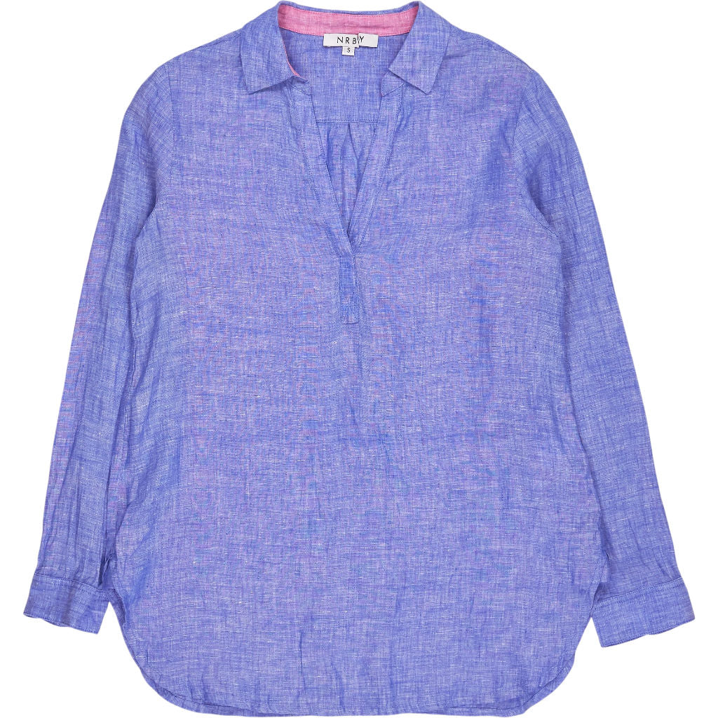 NRBY Blue Linen Pink Collar Blouse