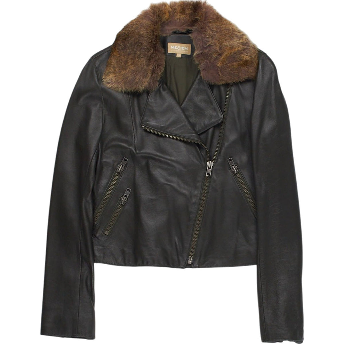 ME & EM Khaki Leather Jacket with Fur Collar