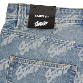 Pull & Bear Blue Logo Print Denim Shorts