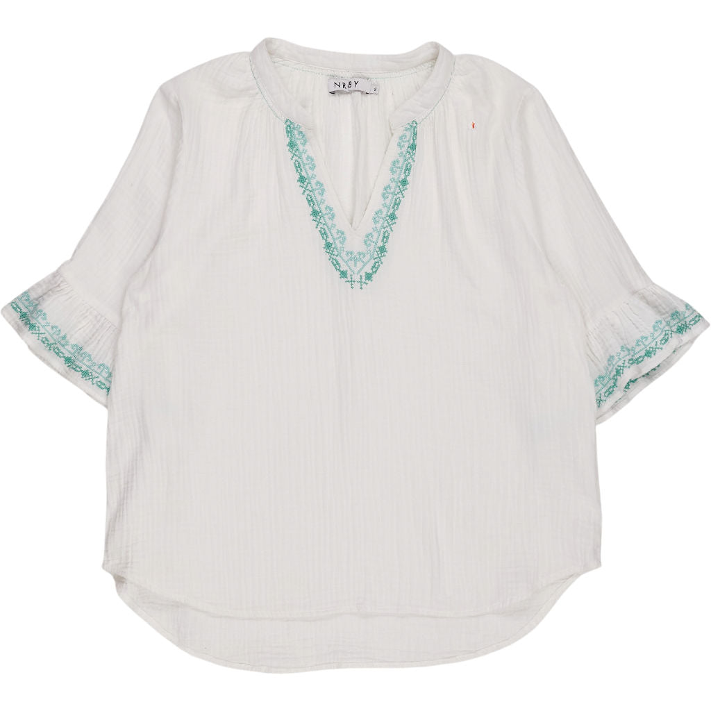 NRBY White Green Embroidered Top