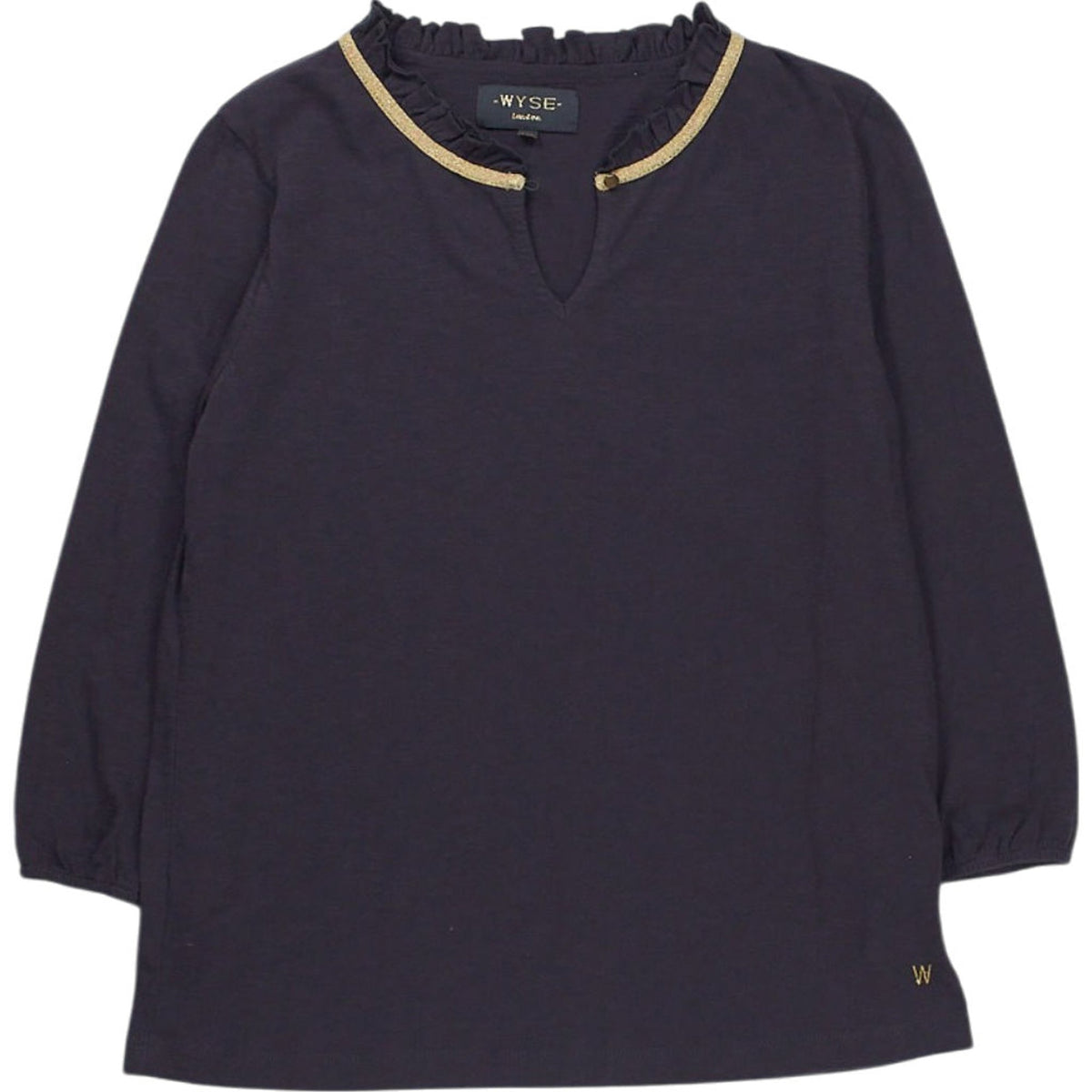 Wyse London Navy Ruffle Neck Top