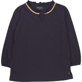 Wyse London Navy Ruffle Neck Top