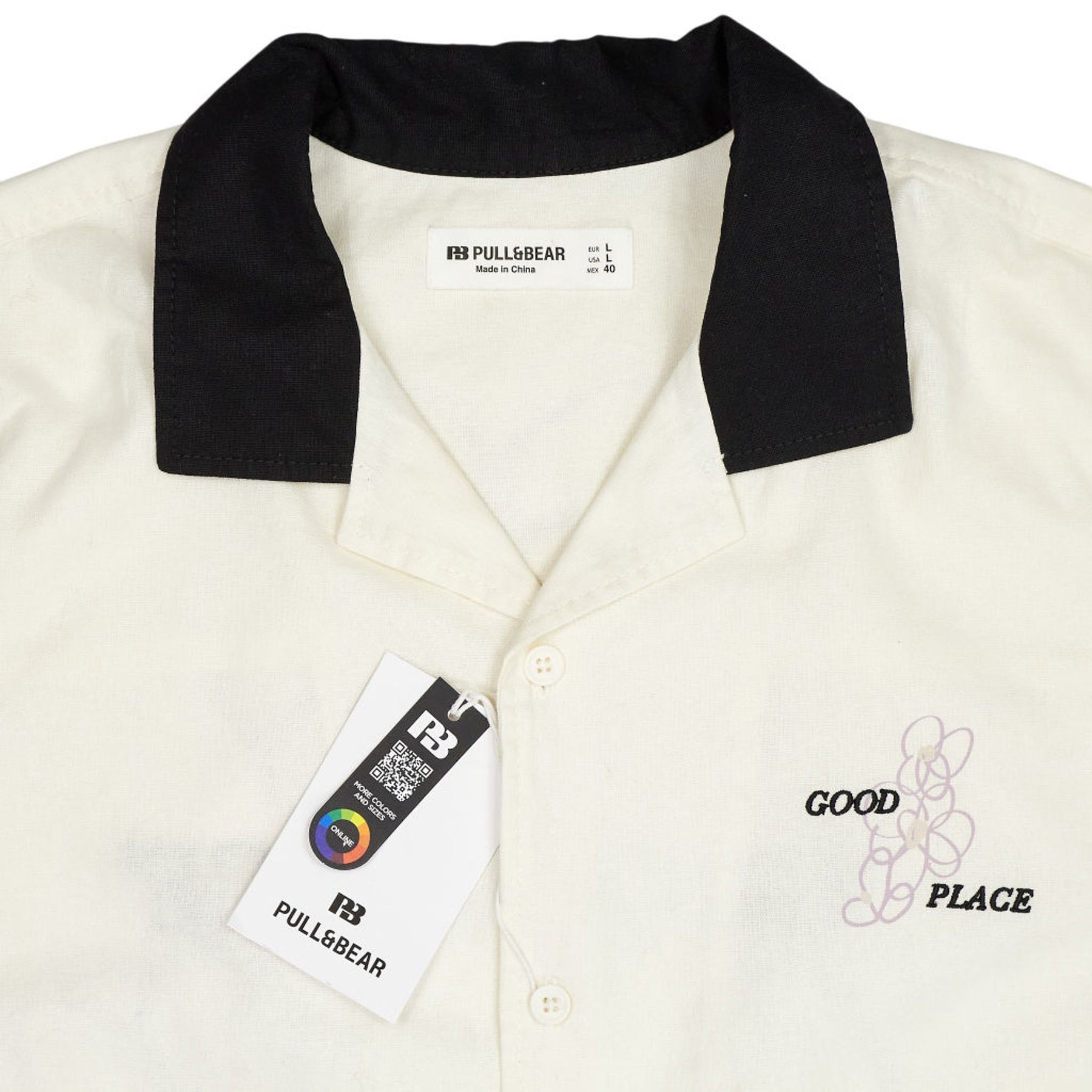 Pull & Bear Cream Black Collar Good Place Shirt