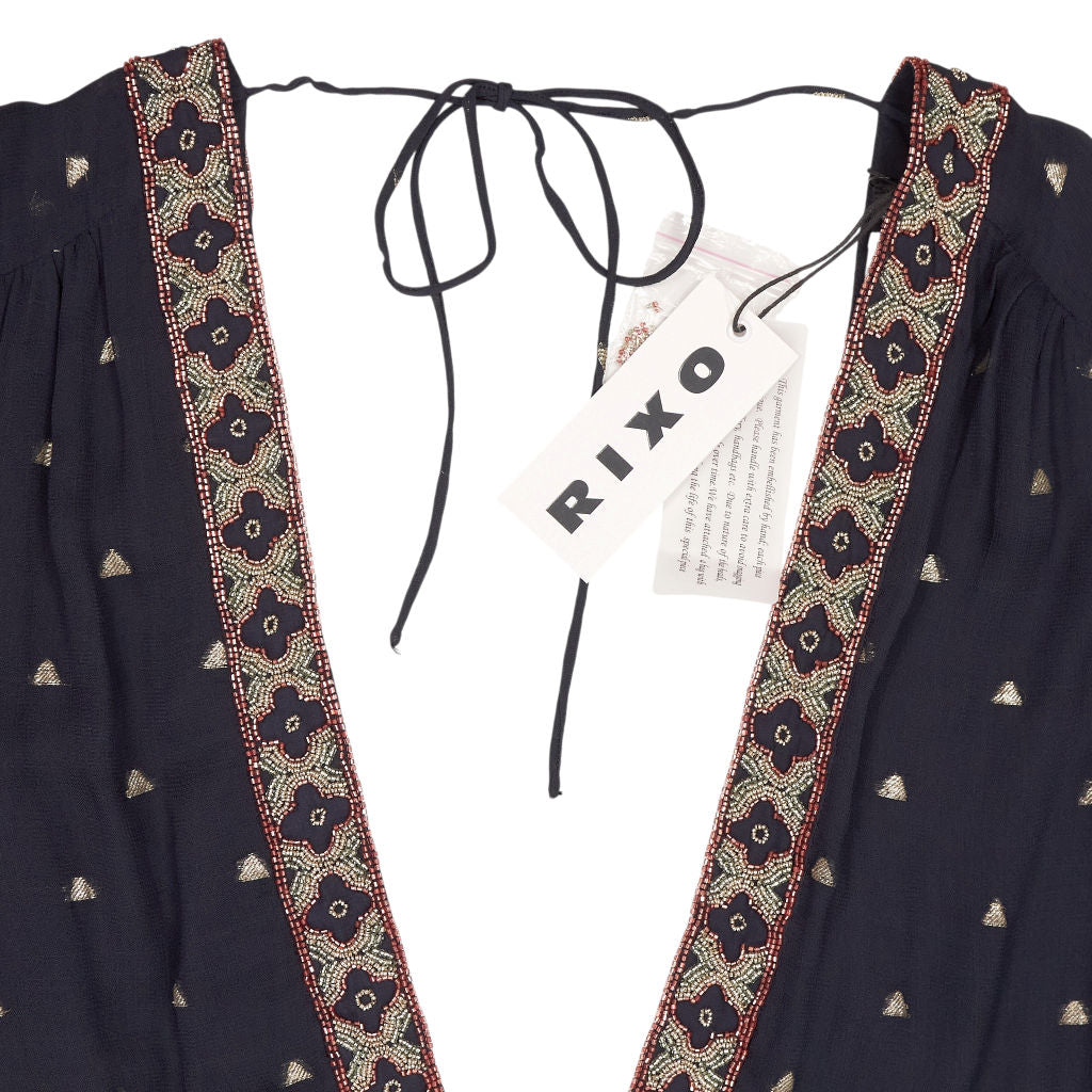 Rixo Navy Embellished V-Neck Dress