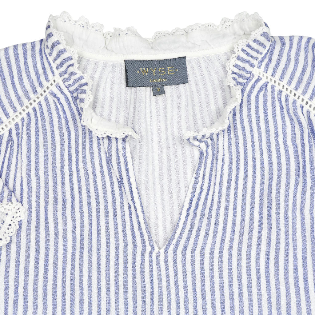 Wyse Blue Striped Ruffle Sleeveless Top