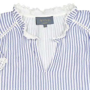 Wyse Blue Striped Ruffle Sleeveless Top