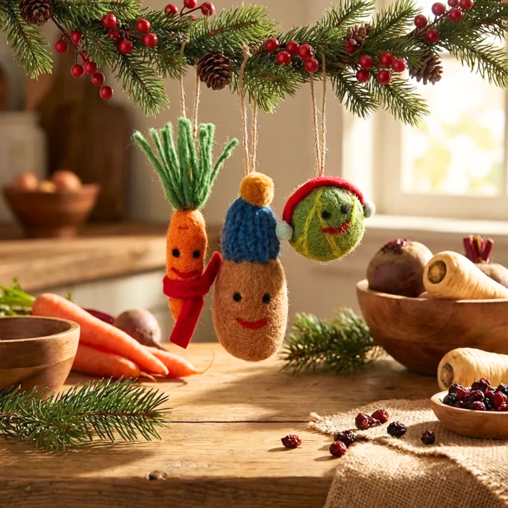 Handmade Felt Winter Veggies Hanging Christmas Decorations - set of 3