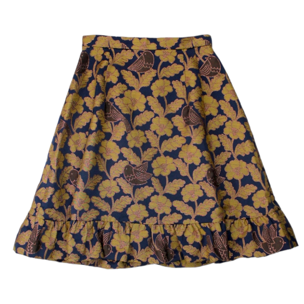 Orla Kiely Navy Bird Brocade Frill Hem Skirt