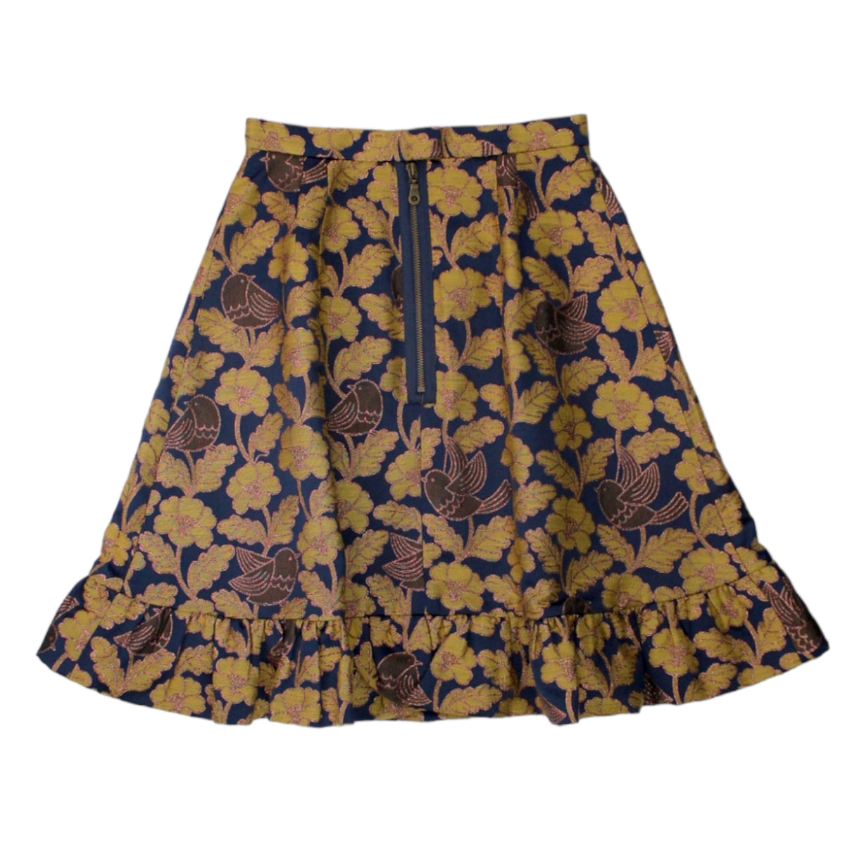 Orla Kiely Navy Bird Brocade Frill Hem Skirt